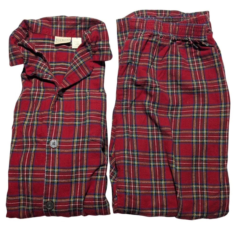 LL Bean Men Large Tall Royal Stewart Tartan Plaid Flannel Pajama Set READ